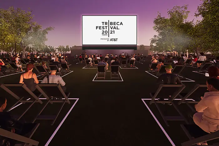 A rendering of a Tribeca Film Festival Outdoor screening, with the words "Tribeca Film Festival 2021" on a screen